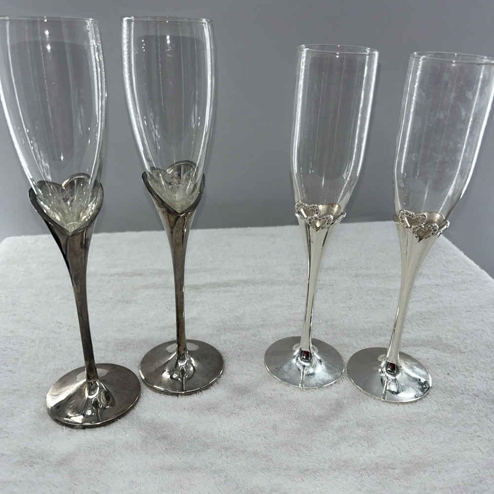 2 Sets (4 Glasses) Lenox Silverplate True Love Champagne Flute Stems Toasting